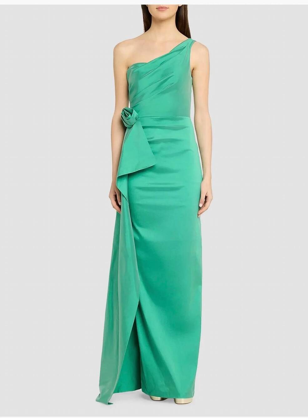 NEW TERI JON flower-corsage one-shoulder taffeta gown in green
